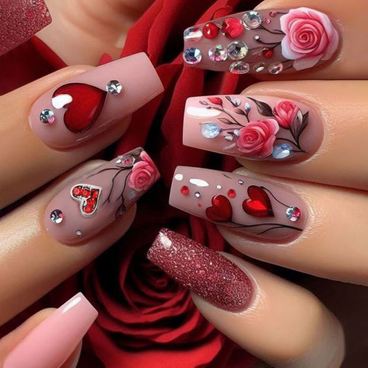 Romantic Elegance Medium Square Soft Pink with Floral and Gemstone Accents Press On Nail Set
