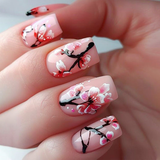 Cherry Blossom Serenity Elegant Medium Square Pink Press On Nail Set with Floral Design