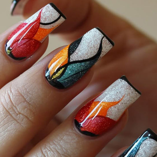 Garden of Elegance Medium Square Red and Orange Glitter Press On Nail Set with Floral Design