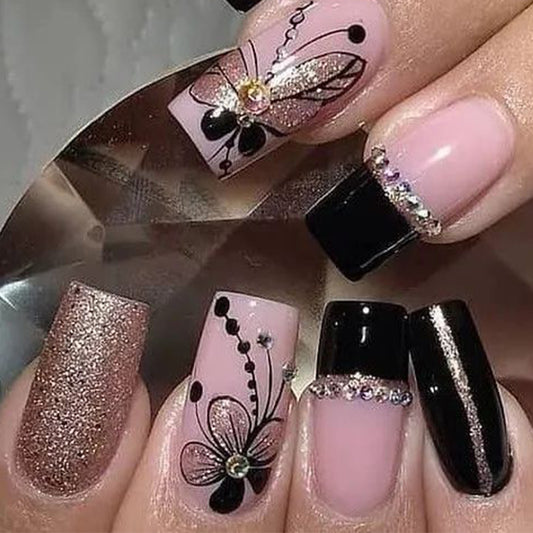 Enchanting Floral Charm Press-On Nail Set with Medium Square Shape in Elegant Pink and Shimmering Black Featuring Dazzling Rhinestone Accents