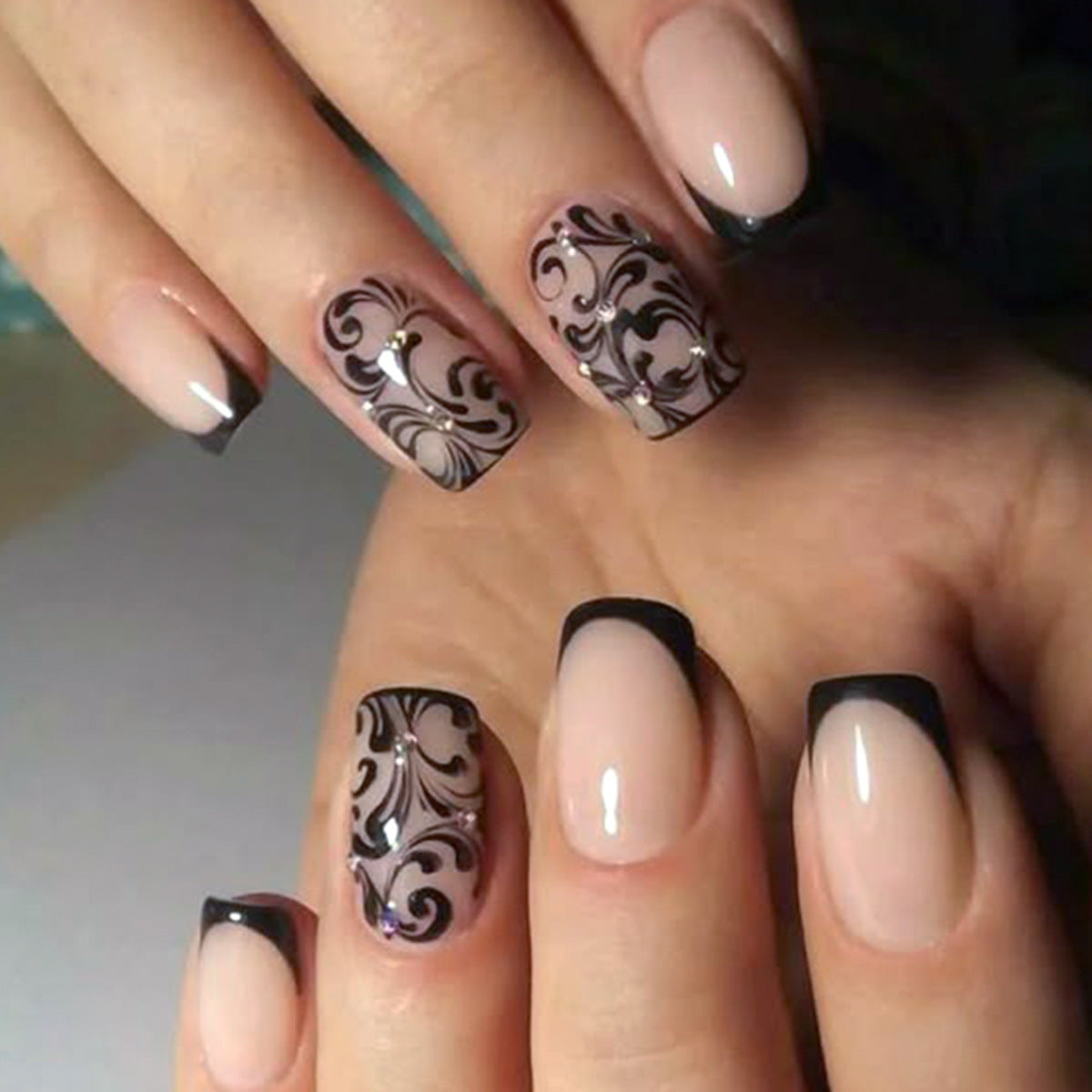 Elegant Midnight Glamour Medium Square Almond Shaped Soft Pink with Black Florals and Rhinestone Accents Press On Nail Set
