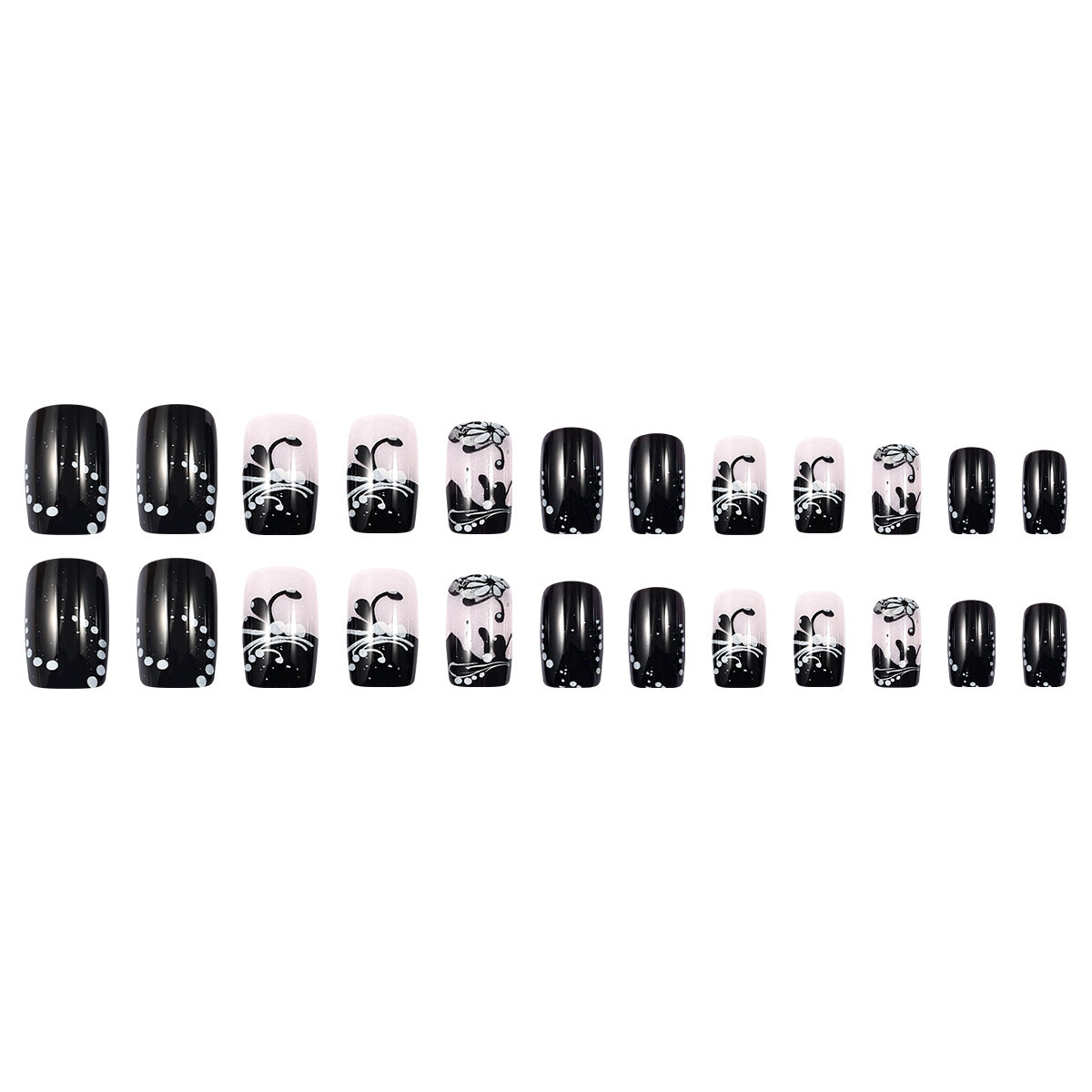 Mystical Nighttime Charm Short Square Black and Soft Pink Floral Design with Shimmering Accents Press On Nail Set