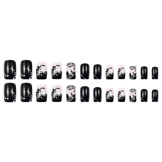 Mystical Nighttime Charm Short Square Black and Soft Pink Floral Design with Shimmering Accents Press On Nail Set