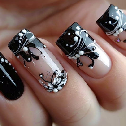 Enchanting Elegance Medium Square Black and White Marble Design with Sparkling Accents Press on Nail Set