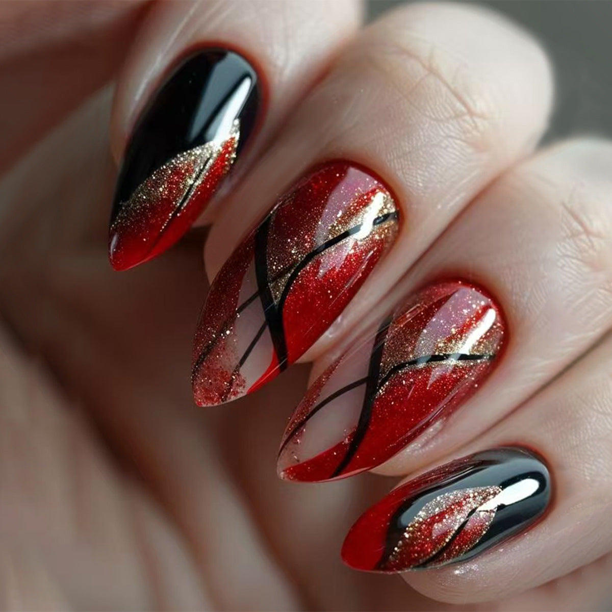 Glamorous Elegance Medium Almond Red and Black Gradient Press On Nail Set with Stunning Sparkle Accents