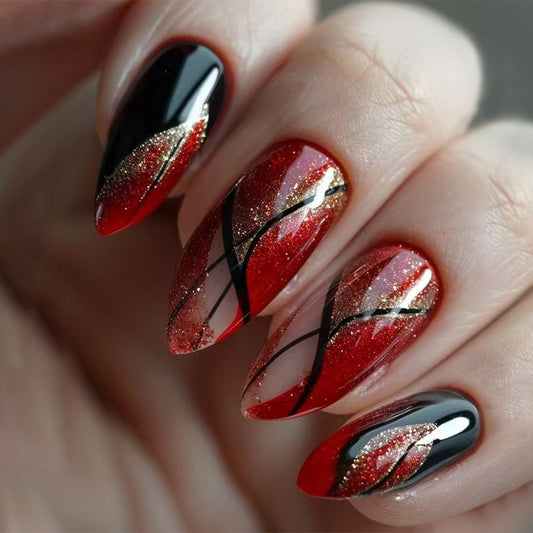 Glamorous Elegance Medium Almond Red and Black Gradient Press On Nail Set with Stunning Sparkle Accents