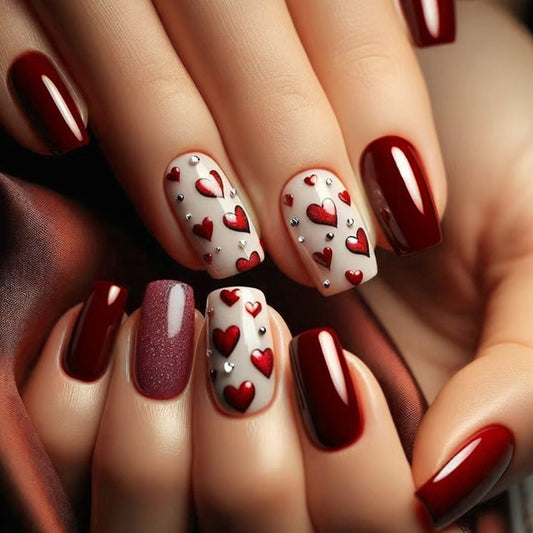 Romantic Elegance Medium Square Red with Heart Patterns and Sparkling Accents Press-On Nail Set