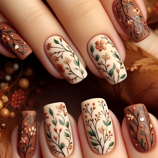 Whimsical Garden Elegant Long Square Almond Brown and Beige Floral Nail Set