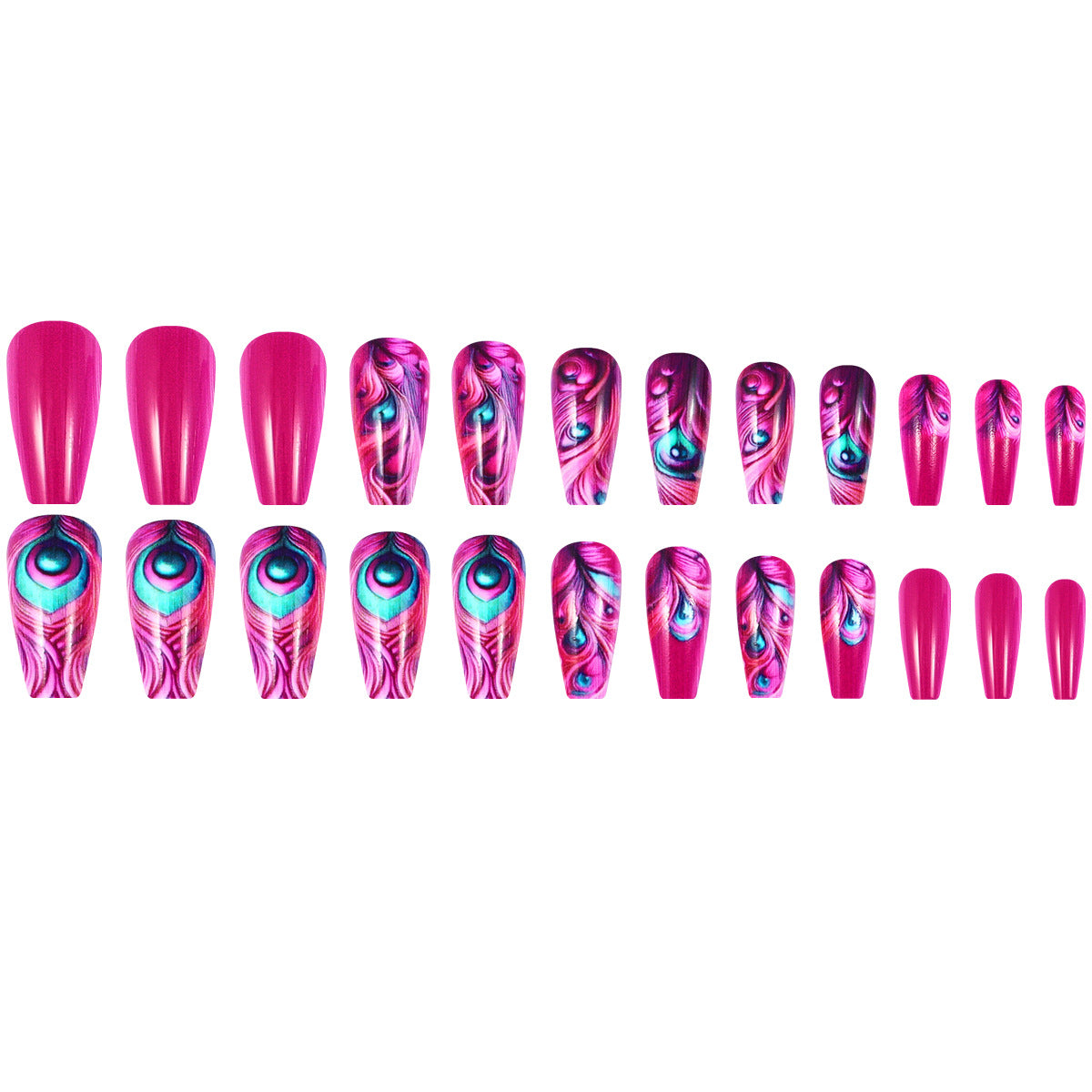 Vibrant Peacock Dreams Long Coffin Shaped Bright Pink and Colorful Eye Design Press On Nail Set