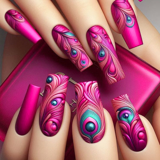 Exotic Peacock Inspired Long Square Hot Pink Press On Nails with Intricate Feather Design