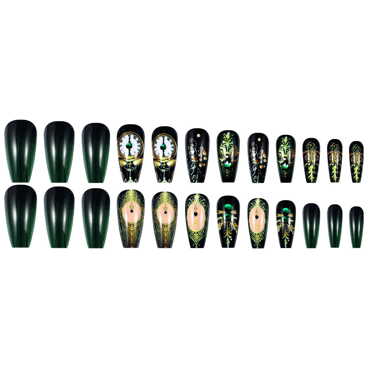 Enchanted Garden Long Coffin Emerald Green Nails Featuring Intricate Designs and Gem Accents