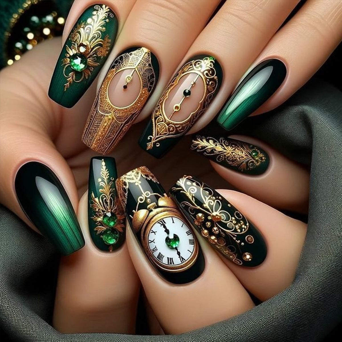 Nails with intricate designs, including clocks and green gemstones, on a dark fabric background.