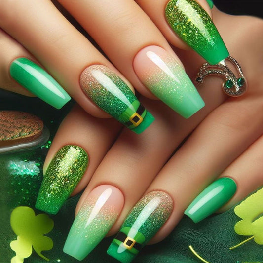 Emerald Fantasy Long Coffin Green Gradient Glitter Press On Nail Set with Charming Golden Belt Accent
