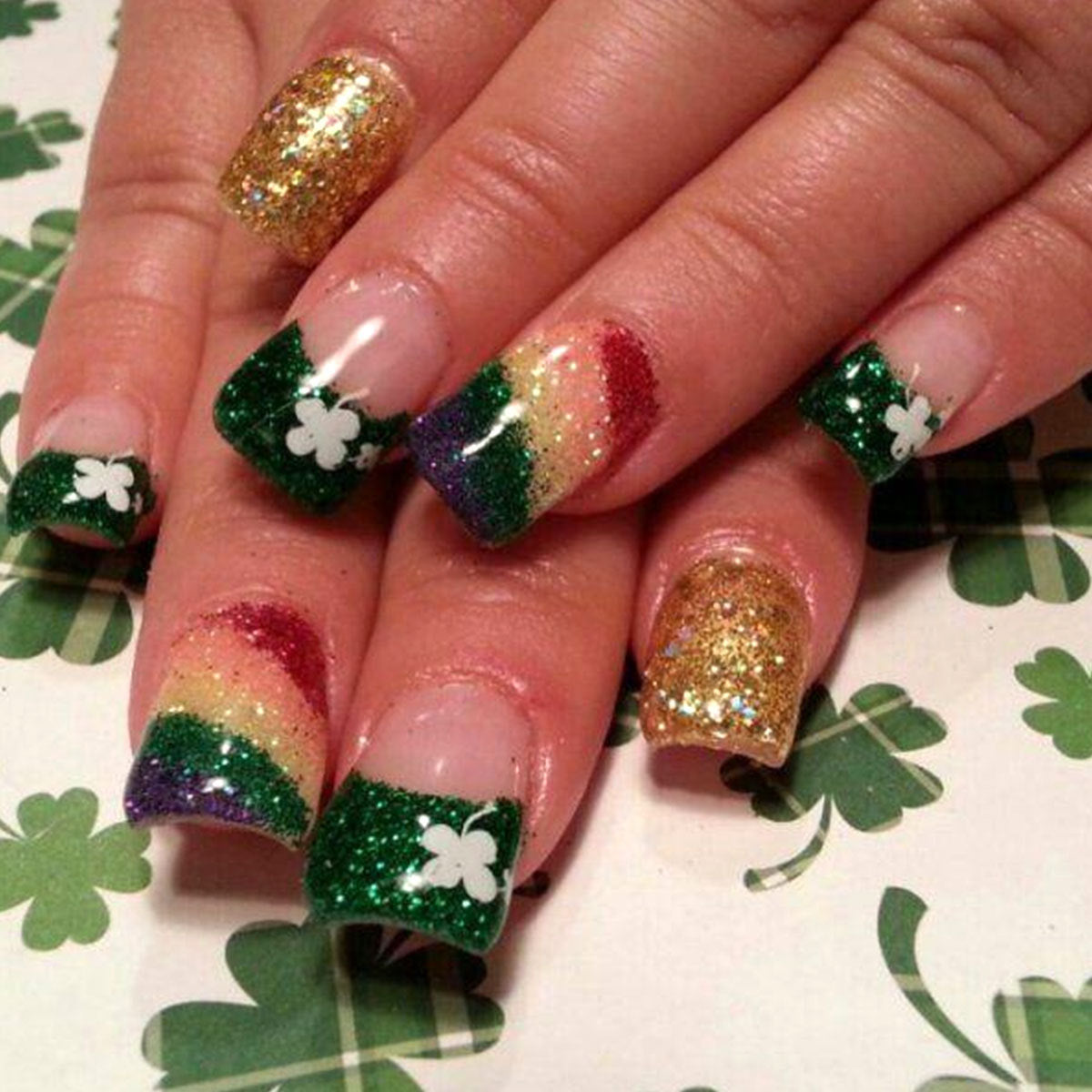 Lucky Charm Medium Square Glitter Press On Nail Set in Vibrant Rainbow Colors with Shamrock Accents