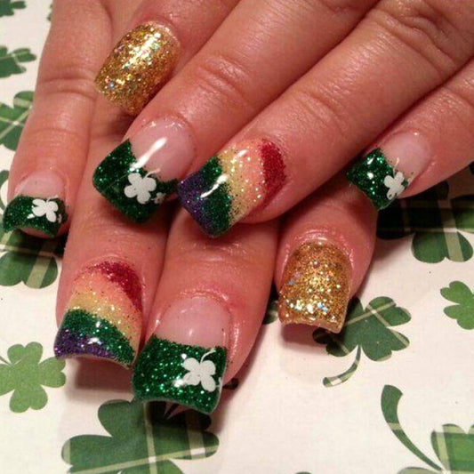 Lucky Charm Medium Square Glitter Press On Nail Set in Vibrant Rainbow Colors with Shamrock Accents