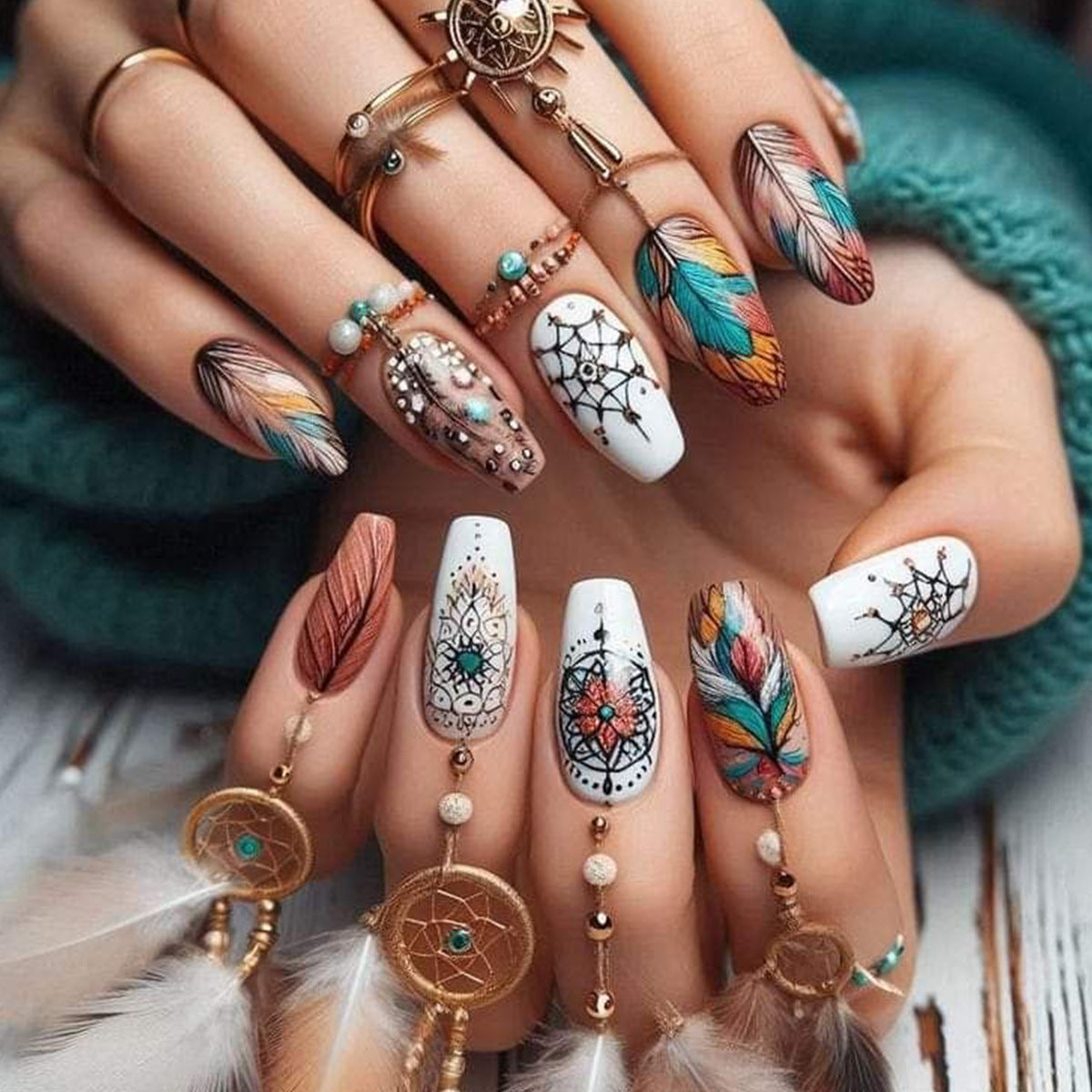 Bohemian Dream Medium Coffin Multicolored Featuring Intricate Feather and Dreamcatcher Designs Nail Set