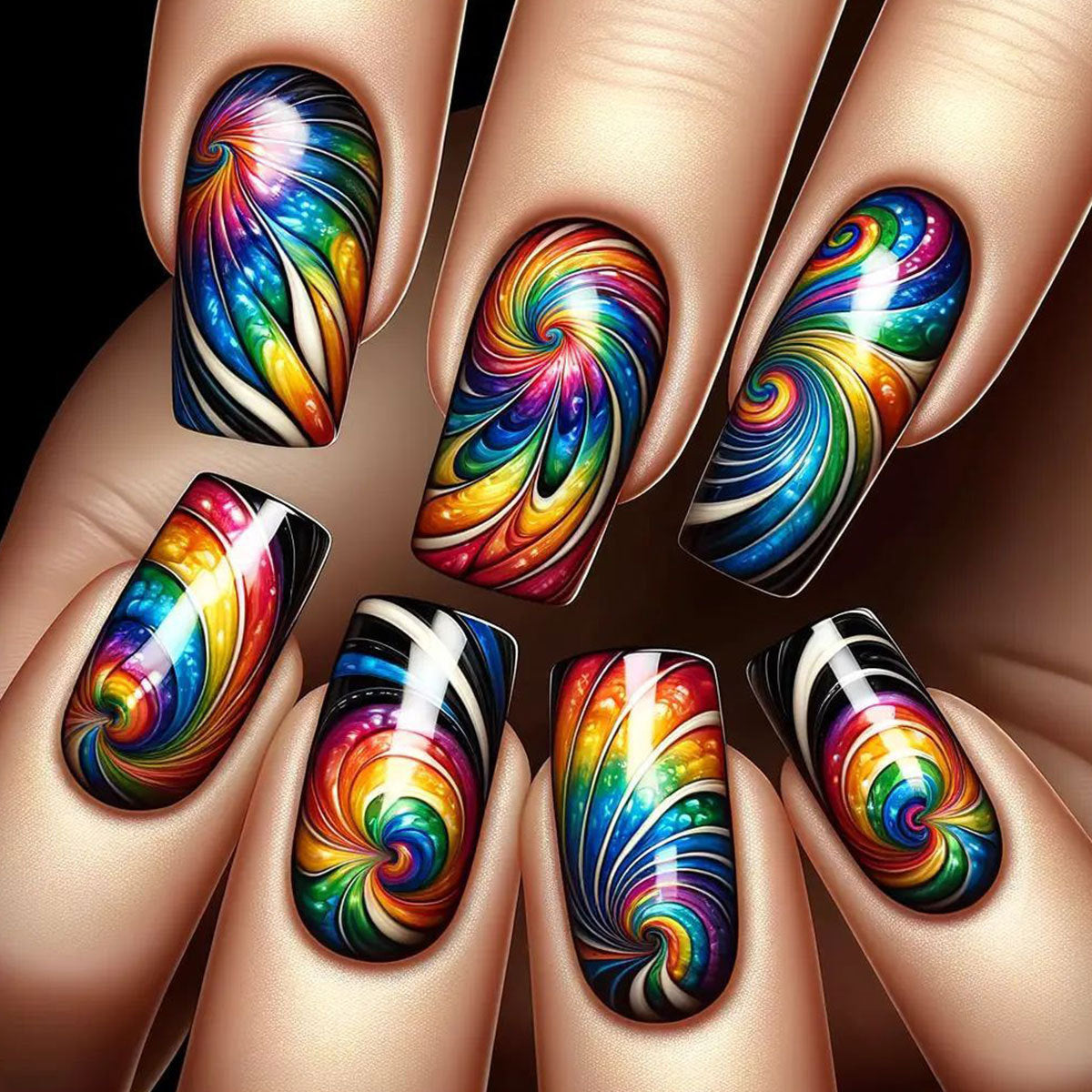 Vibrant Swirl Fantasy Long Square Colorful Nail Set with Mesmerizing Spiral Designs