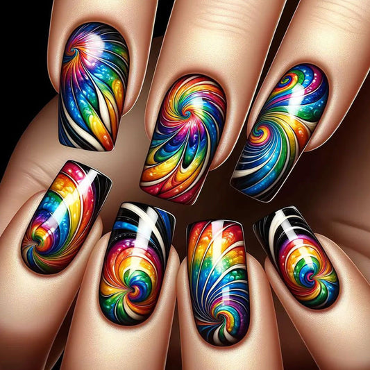 Vibrant Swirl Fantasy Long Square Colorful Nail Set with Mesmerizing Spiral Designs