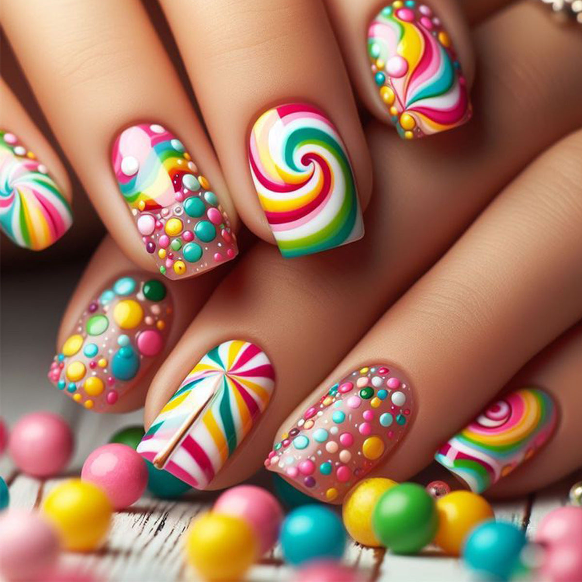 Candy Wonderland Short Square Colorful Swirl and Dot Press on Nail Set