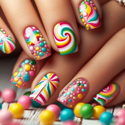 Candy Wonderland Short Square Colorful Swirl and Dot Press on Nail Set