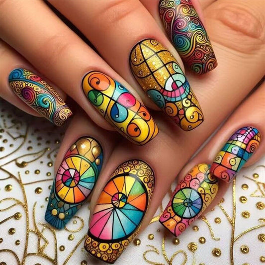 Artistic Elegance Colorful Medium Coffin Nail Set with Intricate Swirl Patterns and Vibrant Geometric Designs