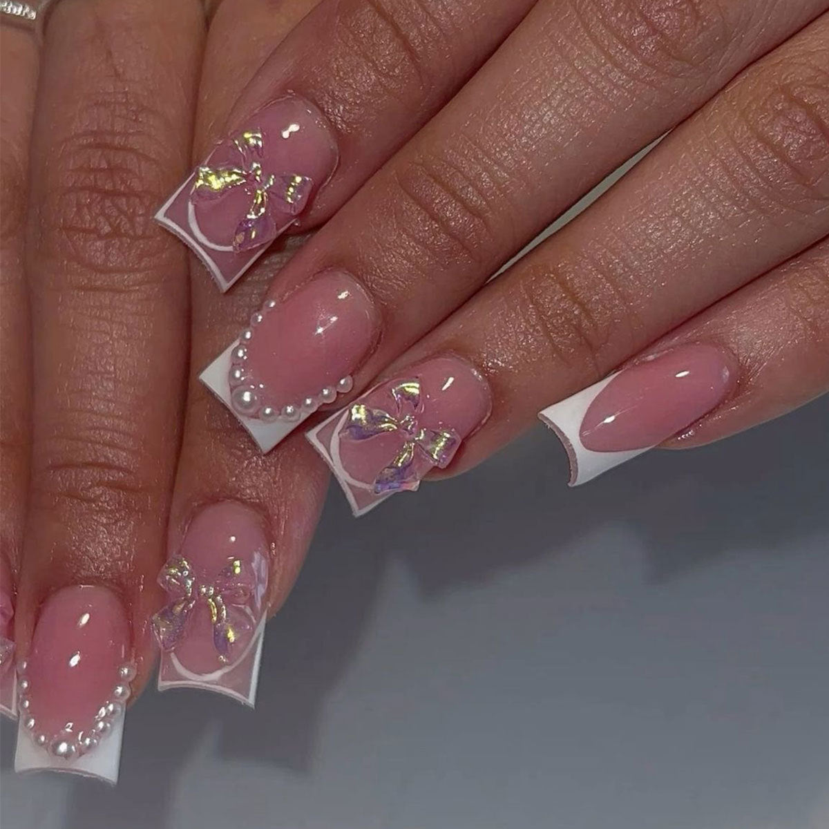 Charming Elegance Medium Square Pink with Iridescent Bows and Pearl Accents Press-On Nail Set