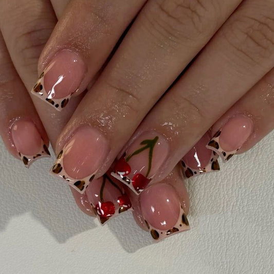 Cherry Blossom Delight Short Square Natural with Trendy Leopard Accent