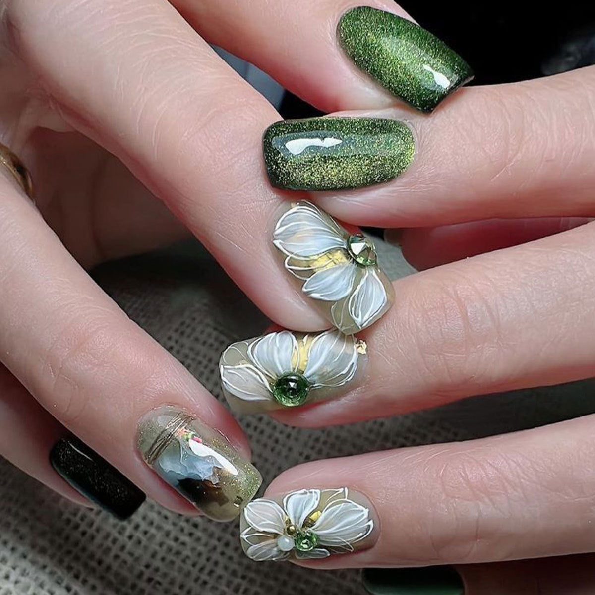 Enchanted Forest Press On Nail Set Short Square Green with Floral Accents and Sparkling Gems