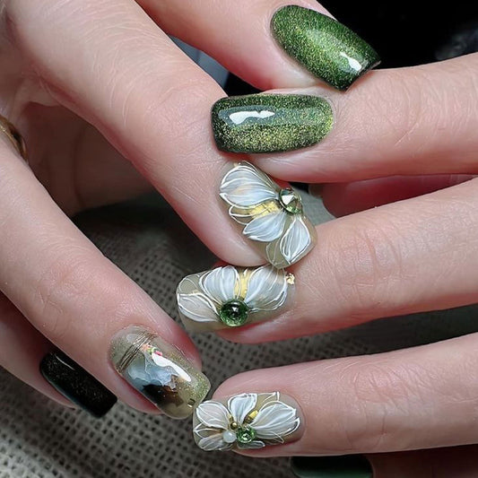 Enchanted Forest Press On Nail Set Short Square Green with Floral Accents and Sparkling Gems