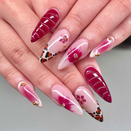Blossoming Beauty Long Almond Shaped Deep Red and Pink Press On Nail Set with Elegant Floral Accents