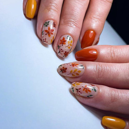 Bohemian Elegance Short Coffin Orange and Beige Floral Press-On Nail Set