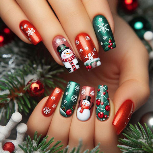 Festive Holiday Glamour Long Square Green and Red Design with Adorable Snowman and Snowflake Accents