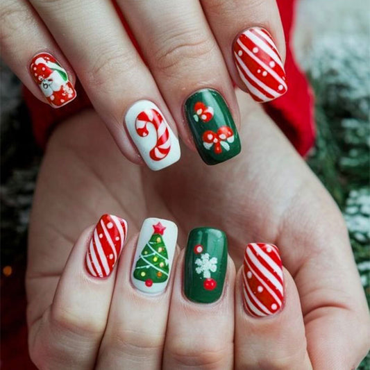 Festive Holiday Vibe Long Square Red and Green Press On Nail Set with Christmas Themed Designs