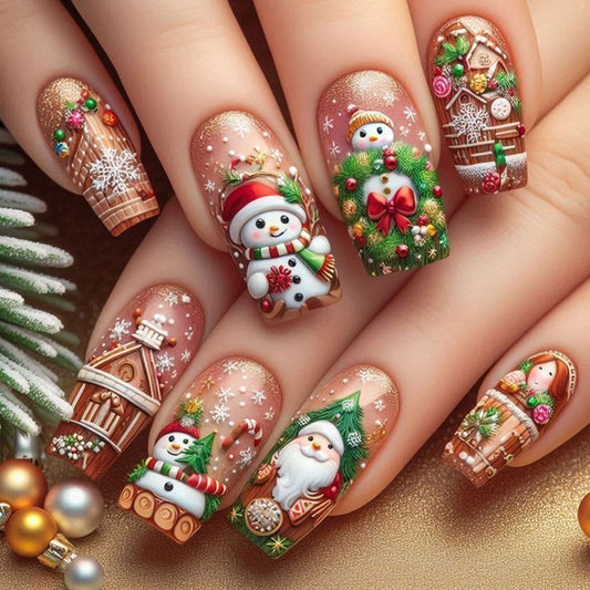 Festive Wonderland Long Square Green with Whimsical Holiday Characters Press On Nail Set