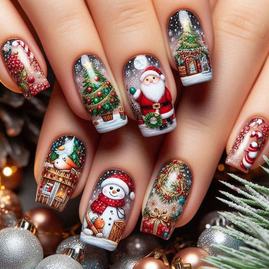 Winter Wonderland Festive Press On Nail Set Long Square Red Green with Charming Holiday Illustrations