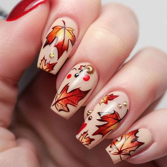 Autumn Bliss Long Square Glossy Beige Nails with Vibrant Leaf Art and Dazzling Accents