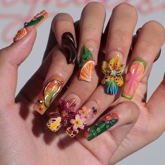 Tropical Paradise Long Square Colorful Floral Press On Nail Set with Three Dimensional Decorations