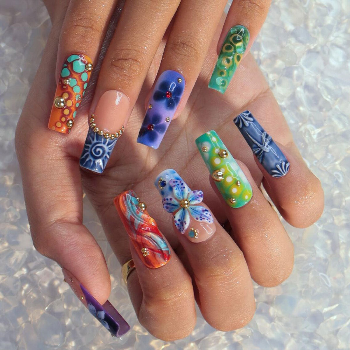Tropical Vibes Long Square Multicolored with Artistic Gemstone Accents Press-On Nail Set