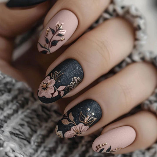 Enchanting Floral Dream Long Oval Black and Pink with Elegant Gold Accents Press On Nail Set