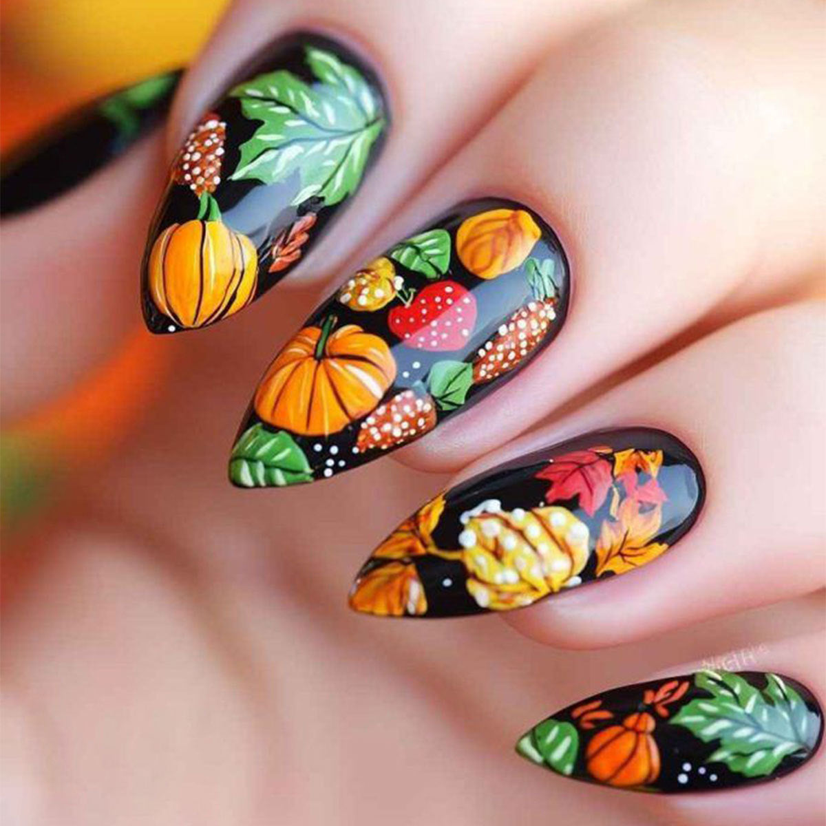 Autumn Harvest Elegant Long Almond Press On Nail Set in Dark Black with Vibrant Pumpkin and Leaf Art