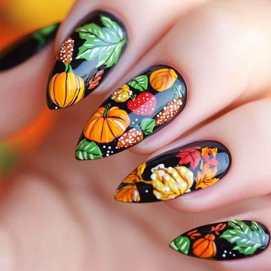 Autumn Harvest Elegant Long Almond Press On Nail Set in Dark Black with Vibrant Pumpkin and Leaf Art