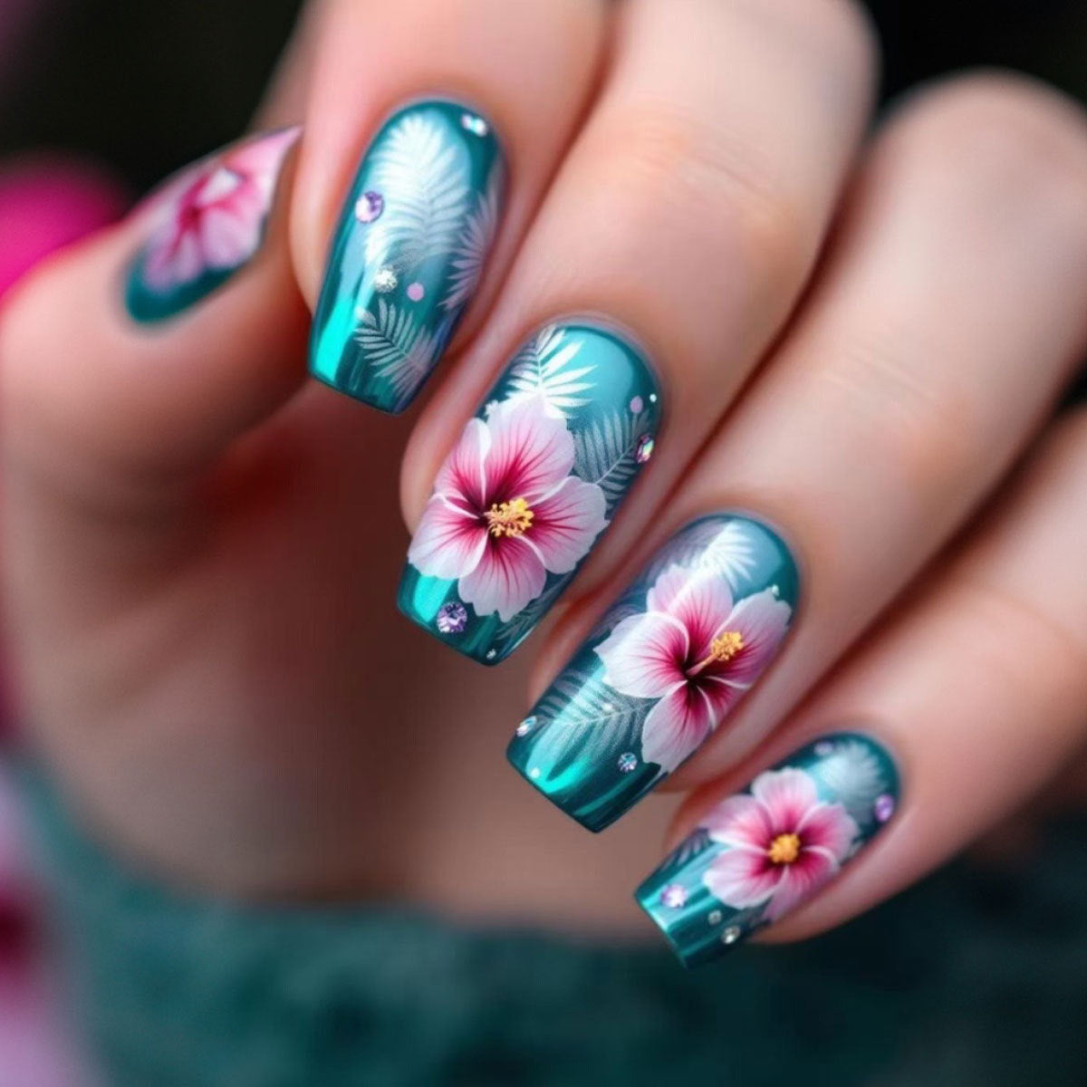 Tropical Paradise Medium Square Teal Press-On Nails with Botanical Floral Design and Glitter Accents