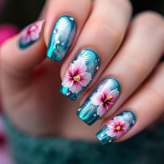 Tropical Paradise Medium Square Teal Press-On Nails with Botanical Floral Design and Glitter Accents