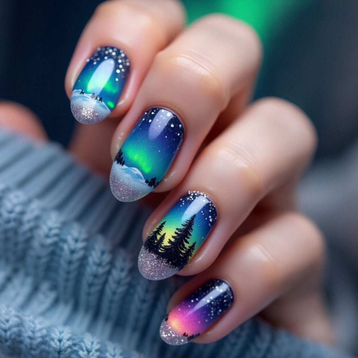 Northern Lights Inspired Medium Oval Gradient Press on Nail Set with Glittery Forest Design