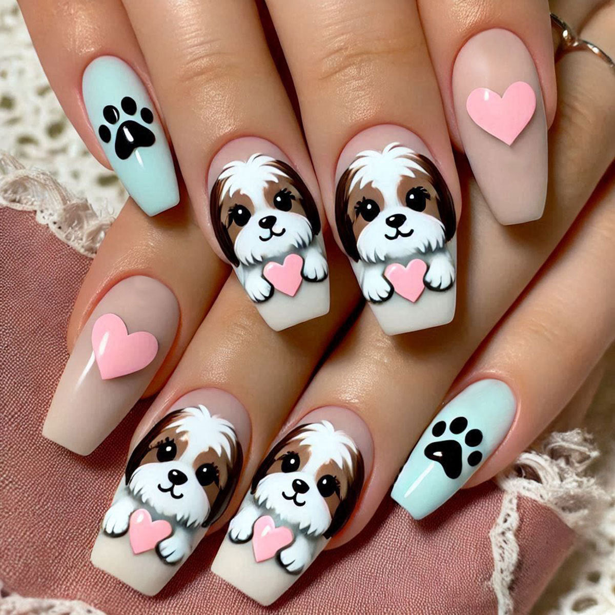 Puppy Love Dream Medium Coffin Pastel Blue and Blushing Heart Design Press On Nail Set