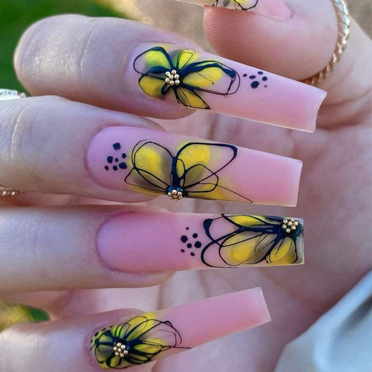 Floral Fantasy Long Square Pink Press On Nail Set with Vibrant Butterfly Art and Gold Accents