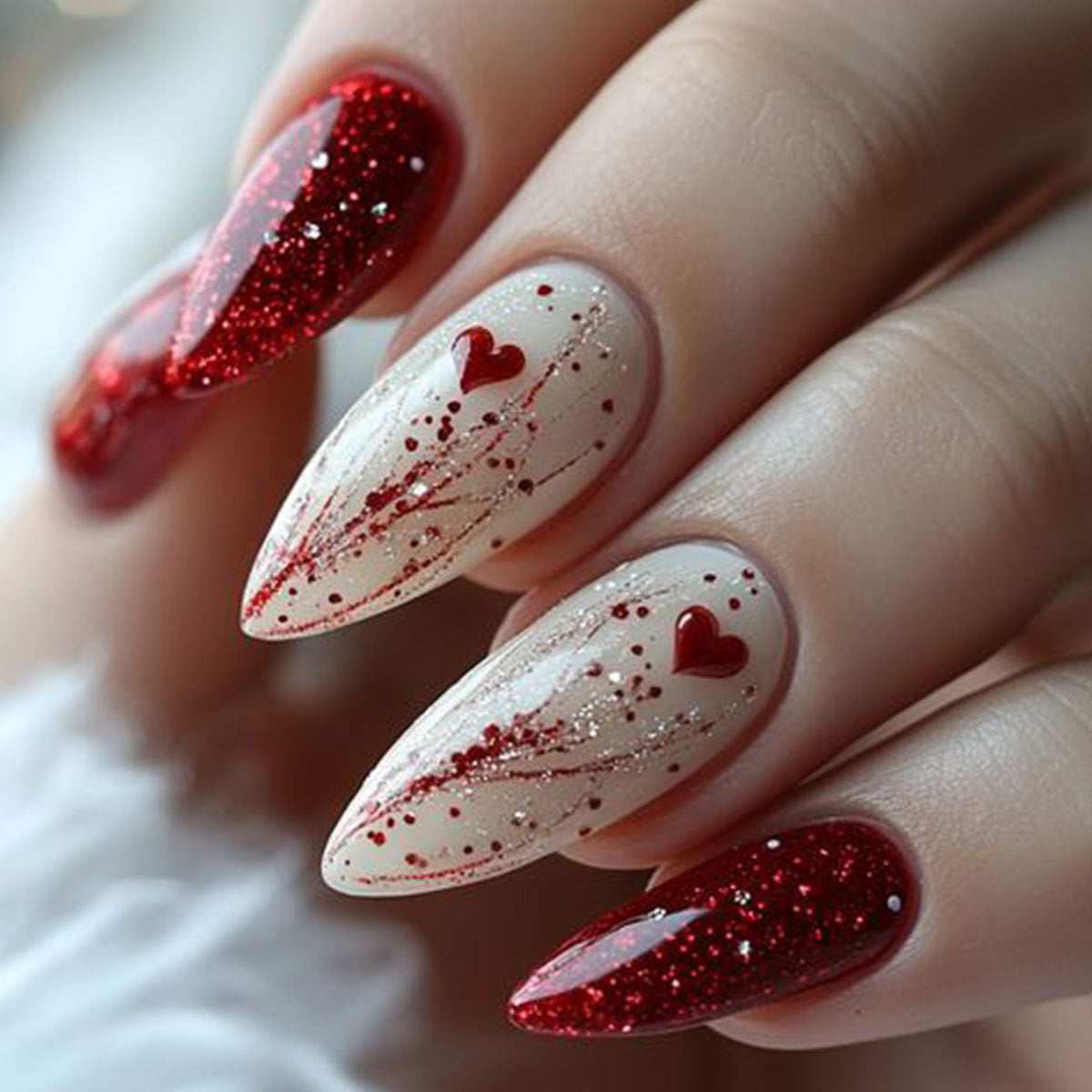 Romantic Elegance Long Almond Red with Glitter and Heart Accents Press on Nail Set