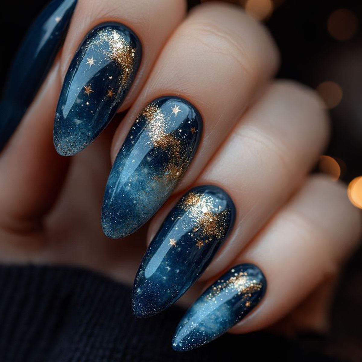 Celestial Dreamscape Long Almond Deep Blue with Sparkling Starry Design Press On Nail Set