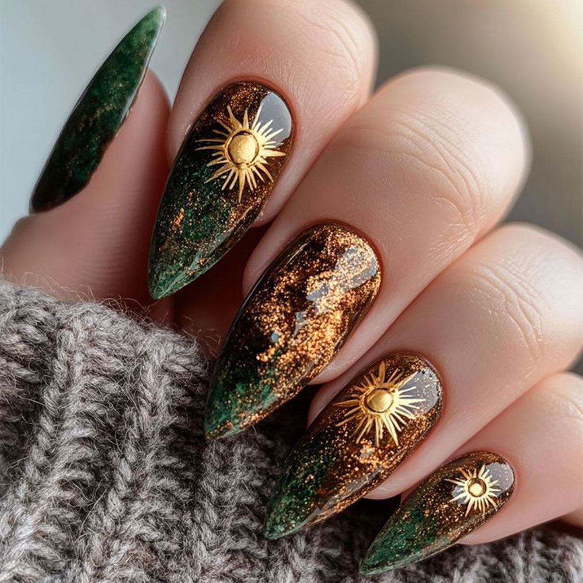 Mystical Forest Long Almond Emerald Green with Gold Sun Accents Press On Nail Set