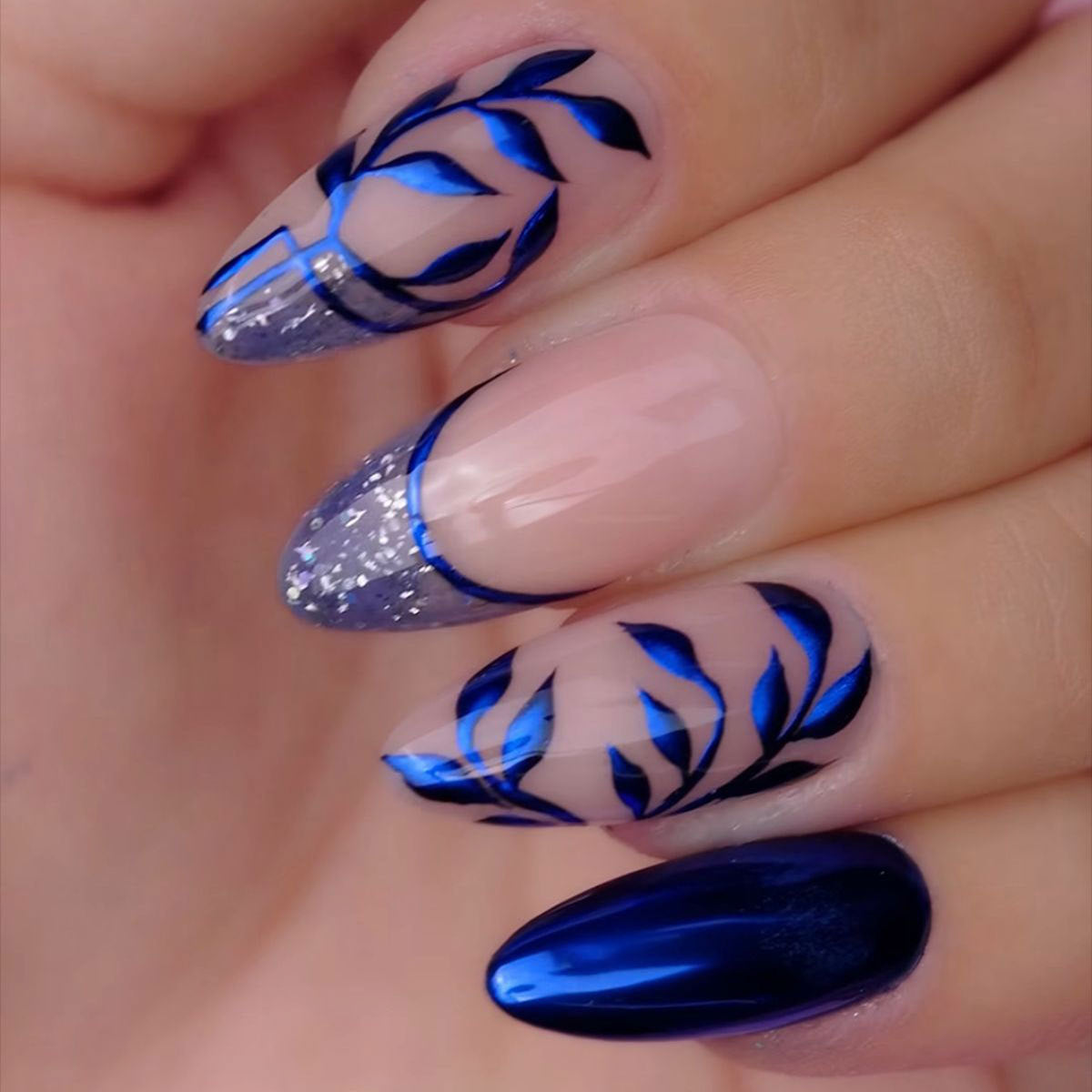 Enchanted Garden Elegant Long Almond Blue and Glittery Designs Press On Nail Set